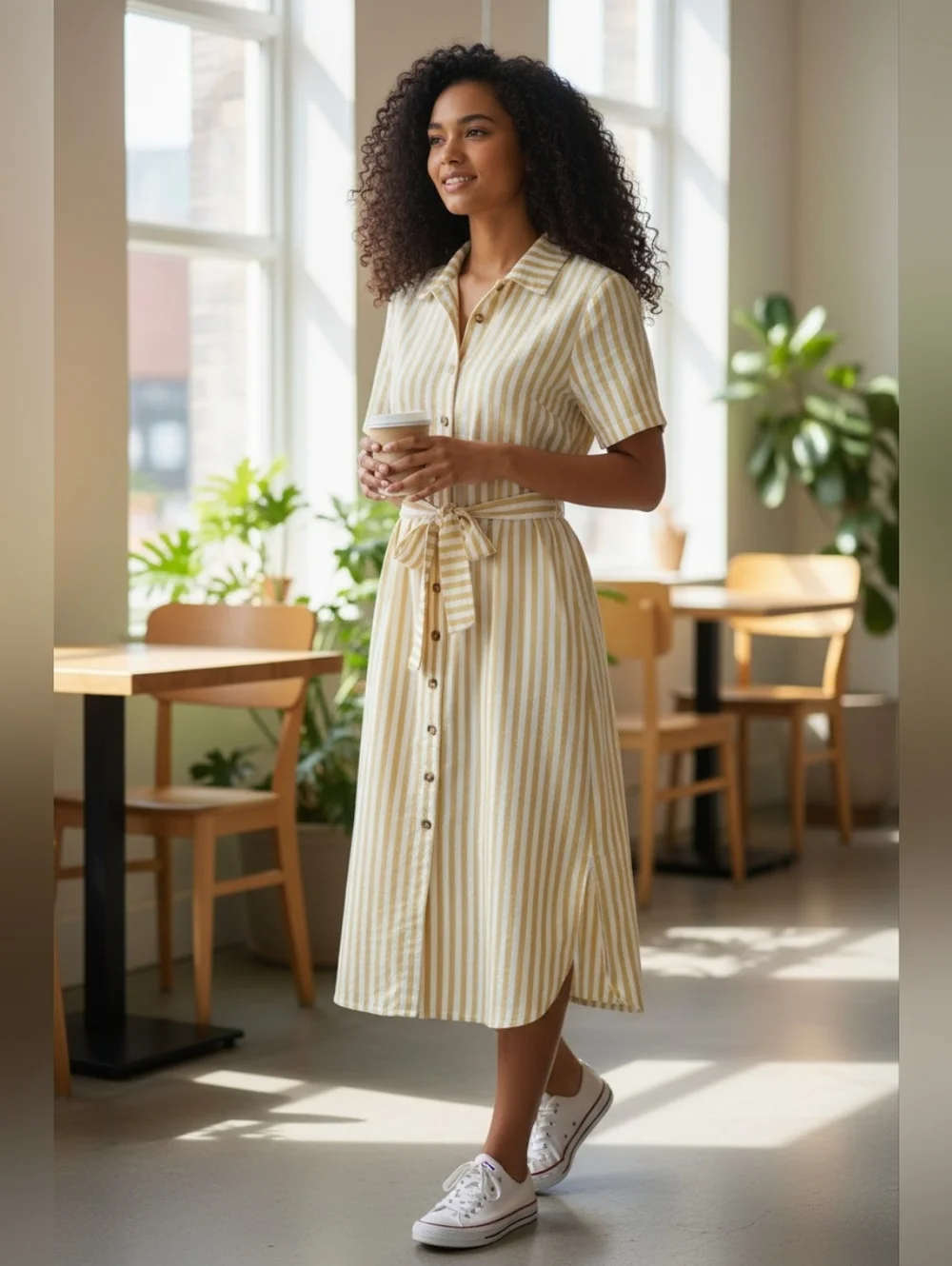 entro Cream and Beige Striped Button-Front Midi Dress Size S - Picture 1 of 5
